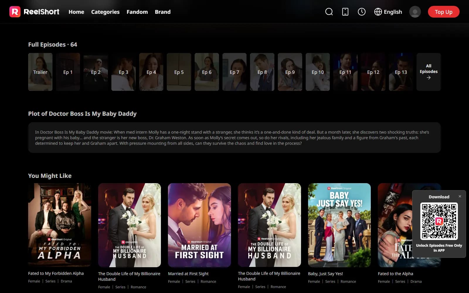 Doctor Boss Is My Baby Daddy episode list and official synopsis on ReelShort (reelshort.com), 64 entries including the trailer — screenshot from September 2026