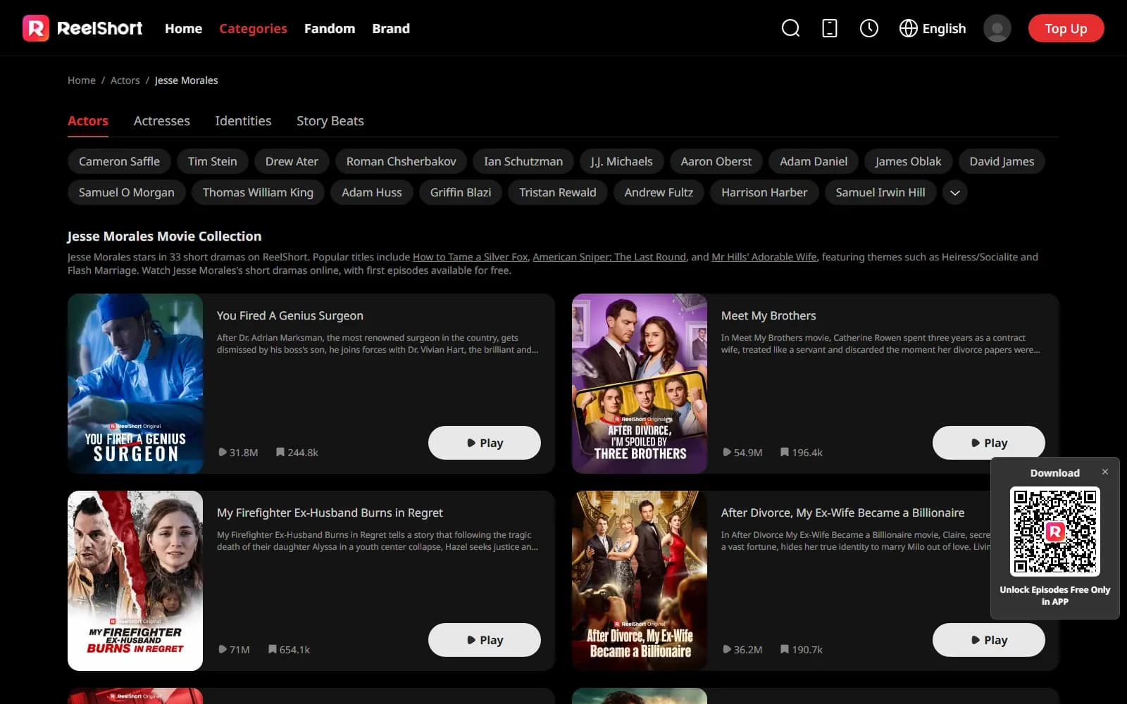 Jesse Morales's actor page on ReelShort (reelshort.com), showing his 33 titles — screenshot from September 2026