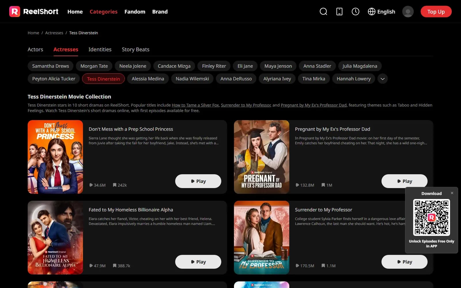 Tess Dinerstein's actor page on ReelShort (reelshort.com) — screenshot from September 2026