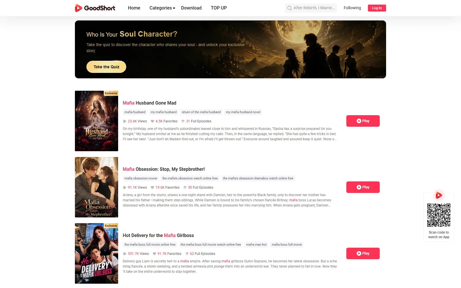 GoodShort's mafia catalog (goodshort.com) — Hot Delivery for the Mafia Girlboss with its Exclusive badge — screenshot from September 2026