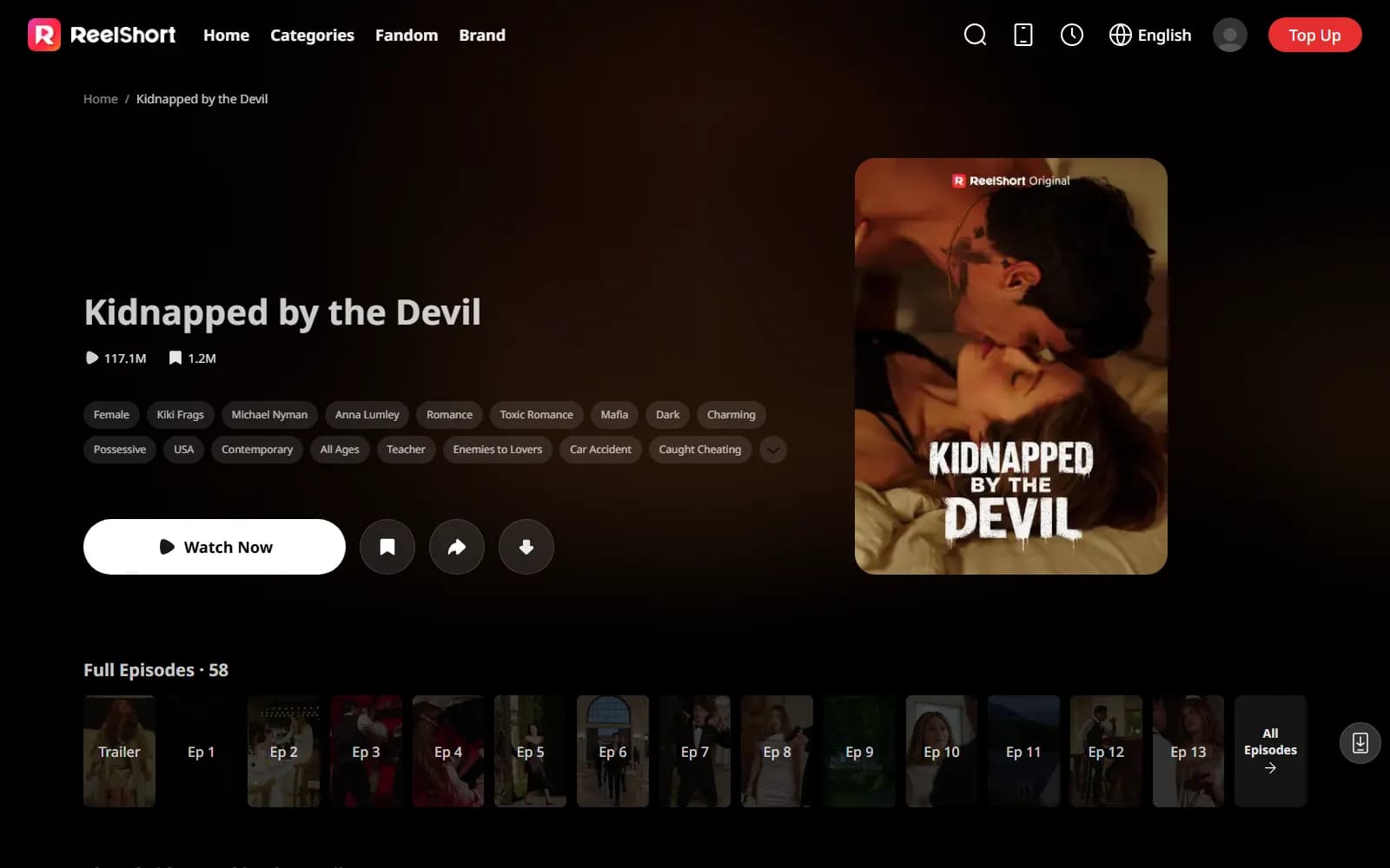 Kidnapped by the Devil official page on ReelShort (reelshort.com) — 117.1M views, tagged Toxic Romance — screenshot from September 2026