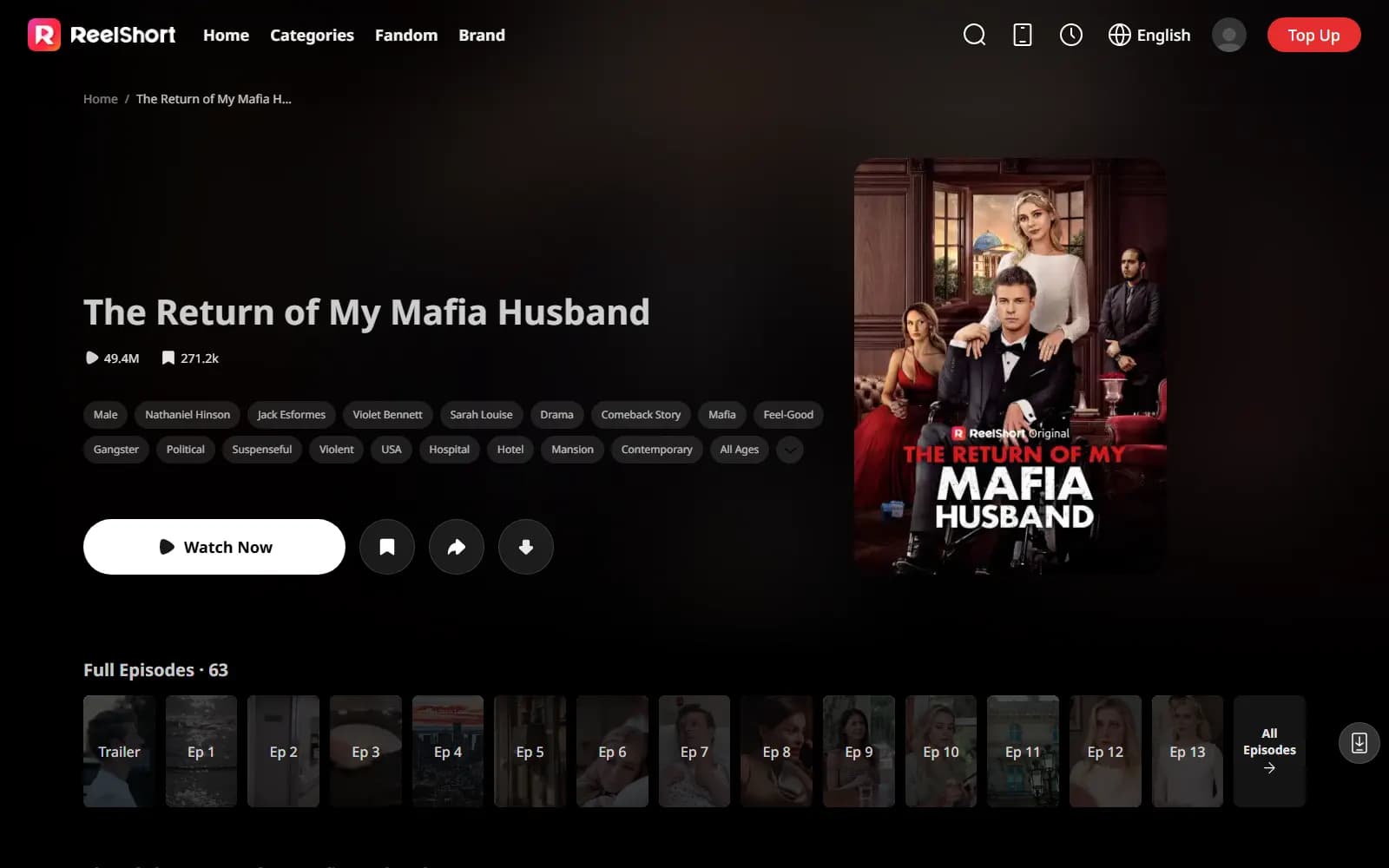 The Return of My Mafia Husband official page on ReelShort (reelshort.com) — the only mafia title tagged Feel-Good — screenshot from September 2026