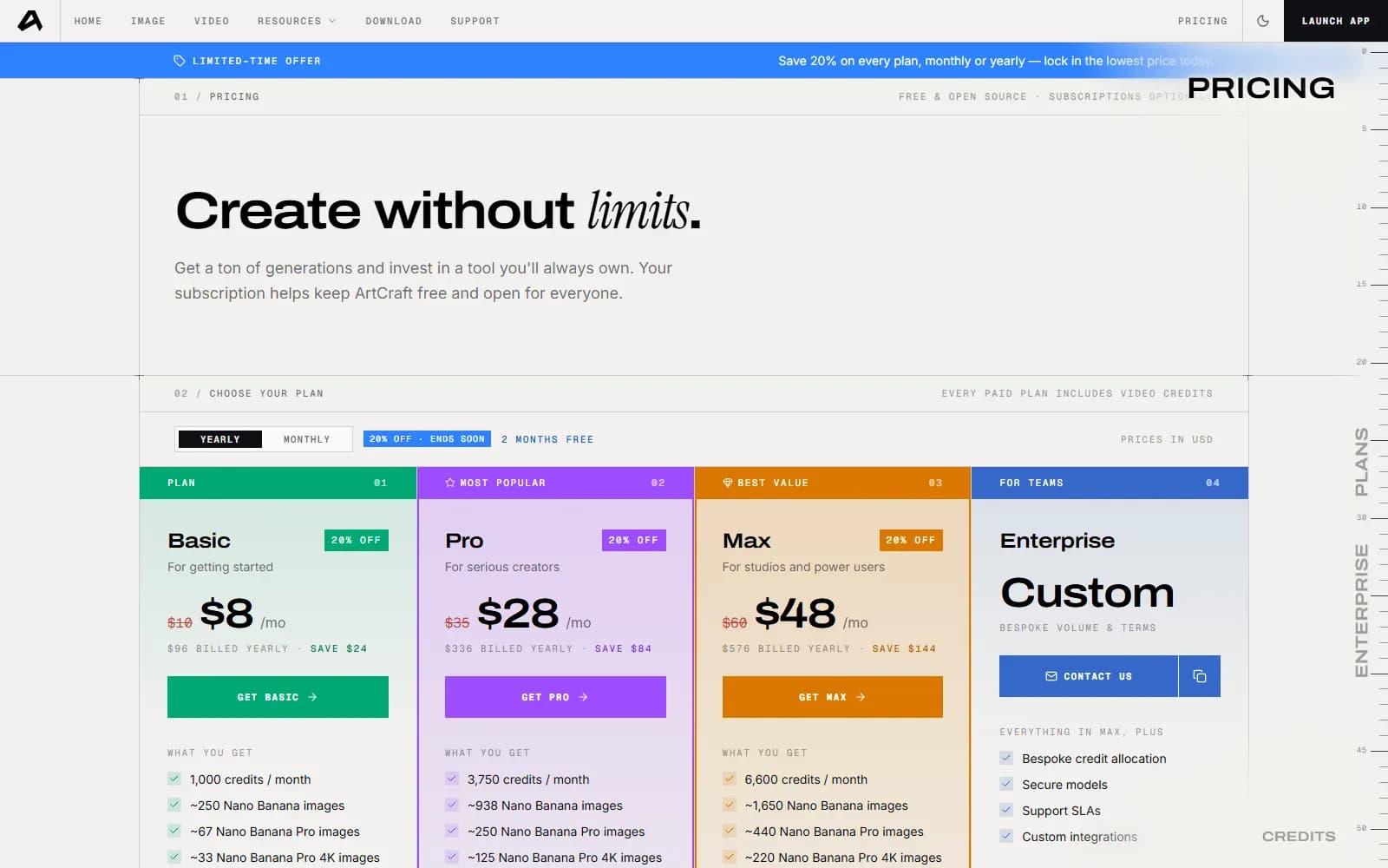 ArtCraft pricing page (getartcraft.com), showing Basic at $8/mo billed yearly ($10 monthly) for 1,000 credits, Pro at $28/mo and Max at $48/mo — screenshot from September 2026