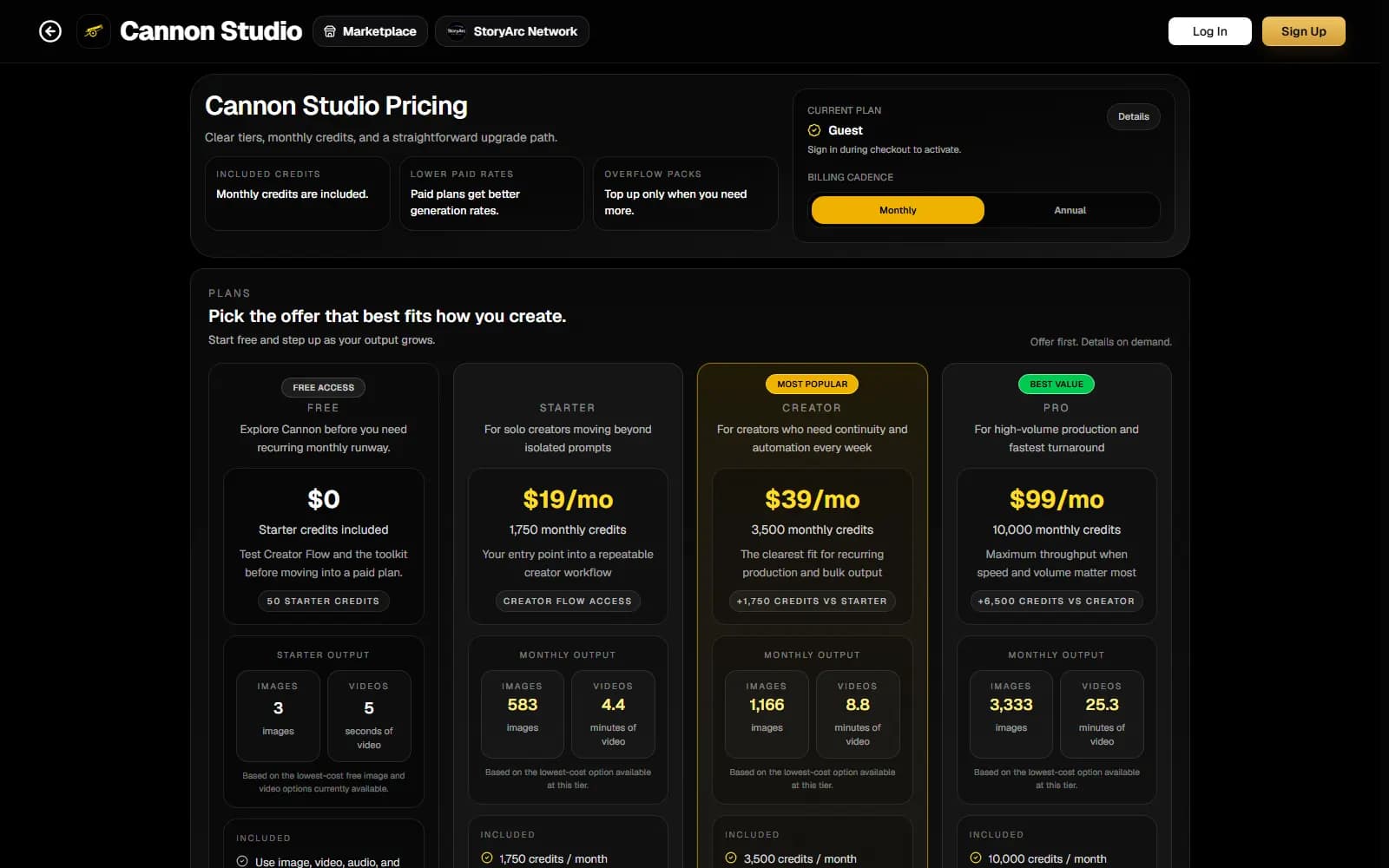 Cannon Studio pricing page (cannonstudio.app), showing Starter at $19/mo for 1,750 credits, Creator at $39/mo and Pro at $99/mo, each with an estimate of monthly video minutes — screenshot from September 2026