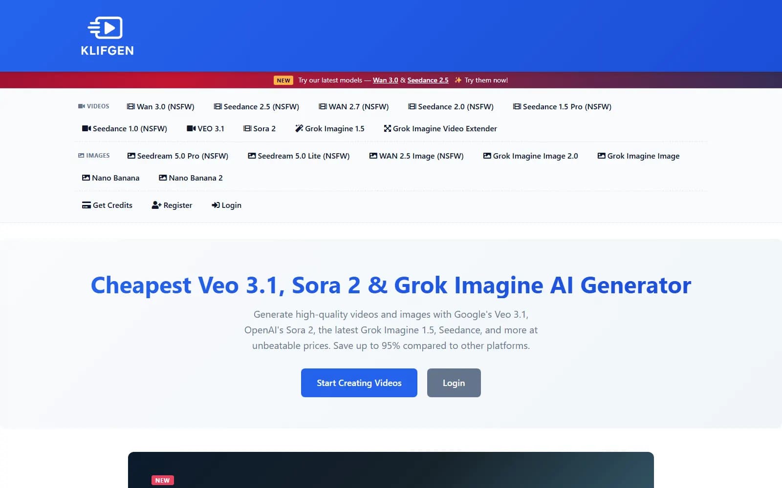 KLIFGEN homepage (klifgen.app), showing the video menu listing Wan 3.0 (NSFW), Seedance 2.5 (NSFW), WAN 2.7 (NSFW) and Seedance 2.0 (NSFW) — screenshot from September 2026
