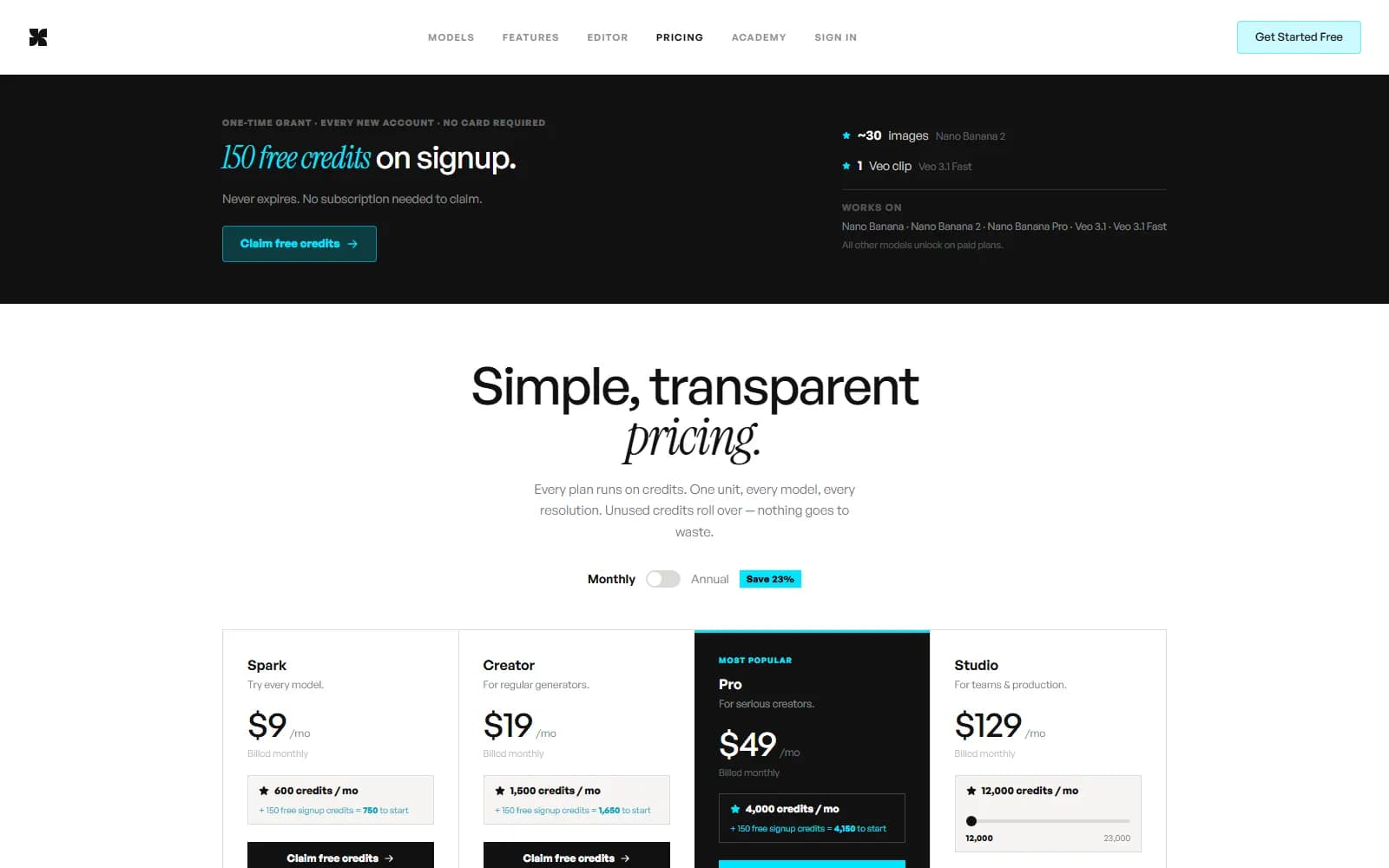 Luno Studio pricing page (lunostudio.ai), showing 150 free signup credits, then Spark at $9/mo for 600 credits up to Studio at $129/mo — screenshot from September 2026
