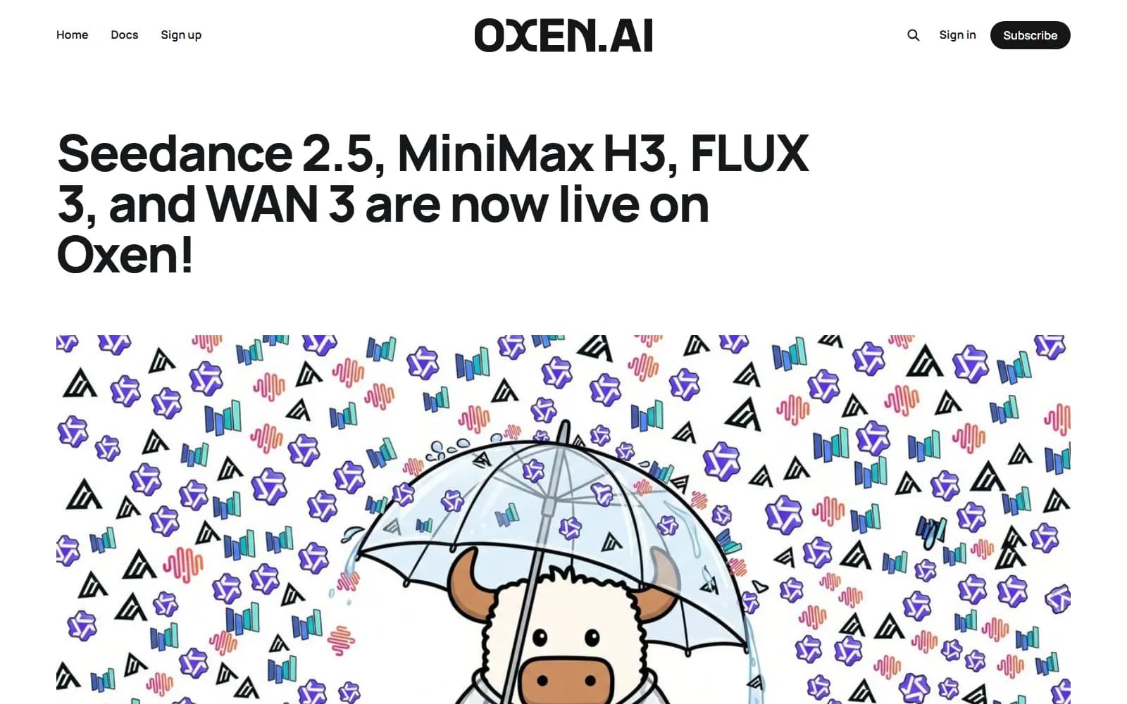 Oxen.ai blog (ghost.oxen.ai), showing the post "Seedance 2.5, MiniMax H3, FLUX 3, and WAN 3 are now live on Oxen!" — screenshot from September 2026