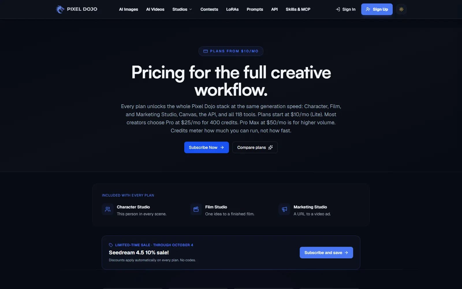 Pixel Dojo pricing page (pixeldojo.ai), showing plans from $10/mo, Pro at $25/mo for 400 credits and Pro Max at $50/mo — screenshot from September 2026