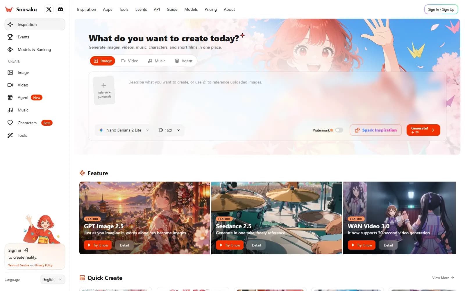 SousakuAI homepage (sousaku.ai), showing featured cards for Seedance 2.5 and WAN Video 3.0 with 30-second generation — screenshot from September 2026