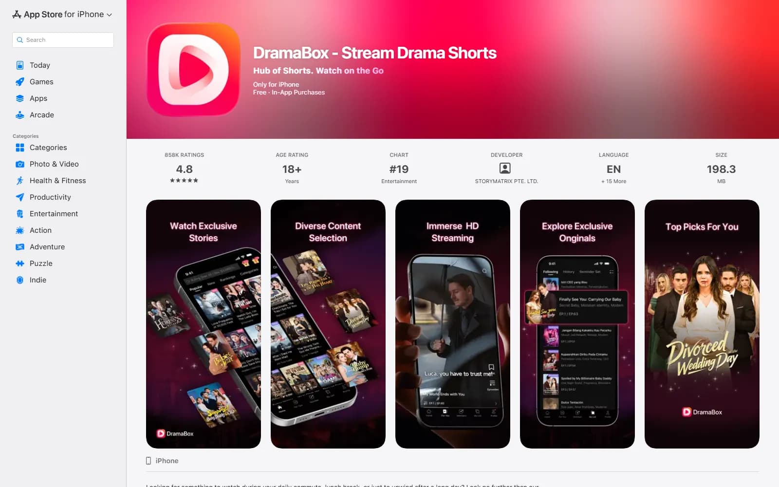 DramaBox's App Store listing (apps.apple.com) — Age Rating 18+, the store's top tier, wrapped around the same kind of catalog — screenshot from September 2026