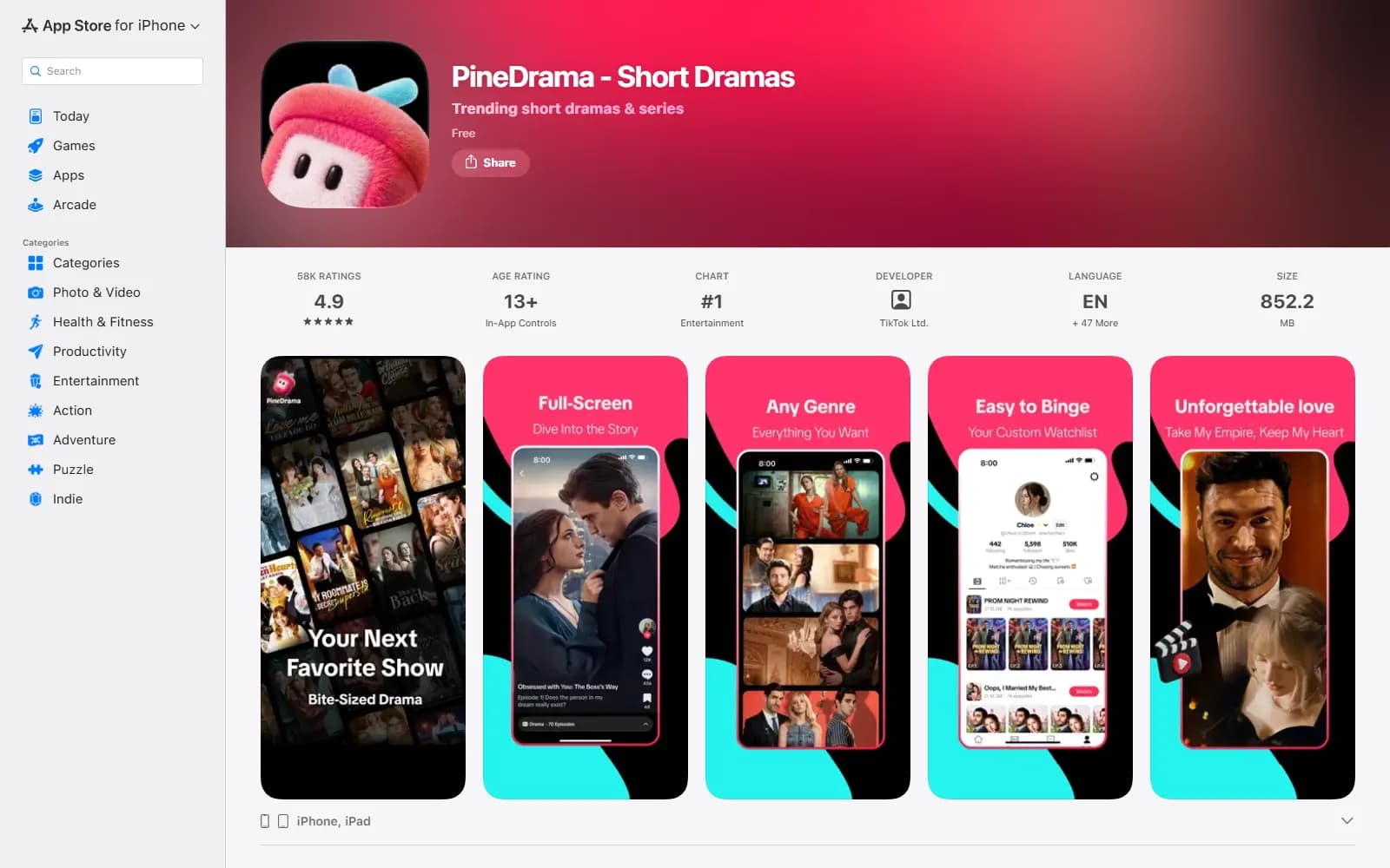 PineDrama on the US App Store: #1 in Entertainment, 4.9 from 58K ratings, rated 13+, listed as Free (apps.apple.com) — screenshot from October 2026