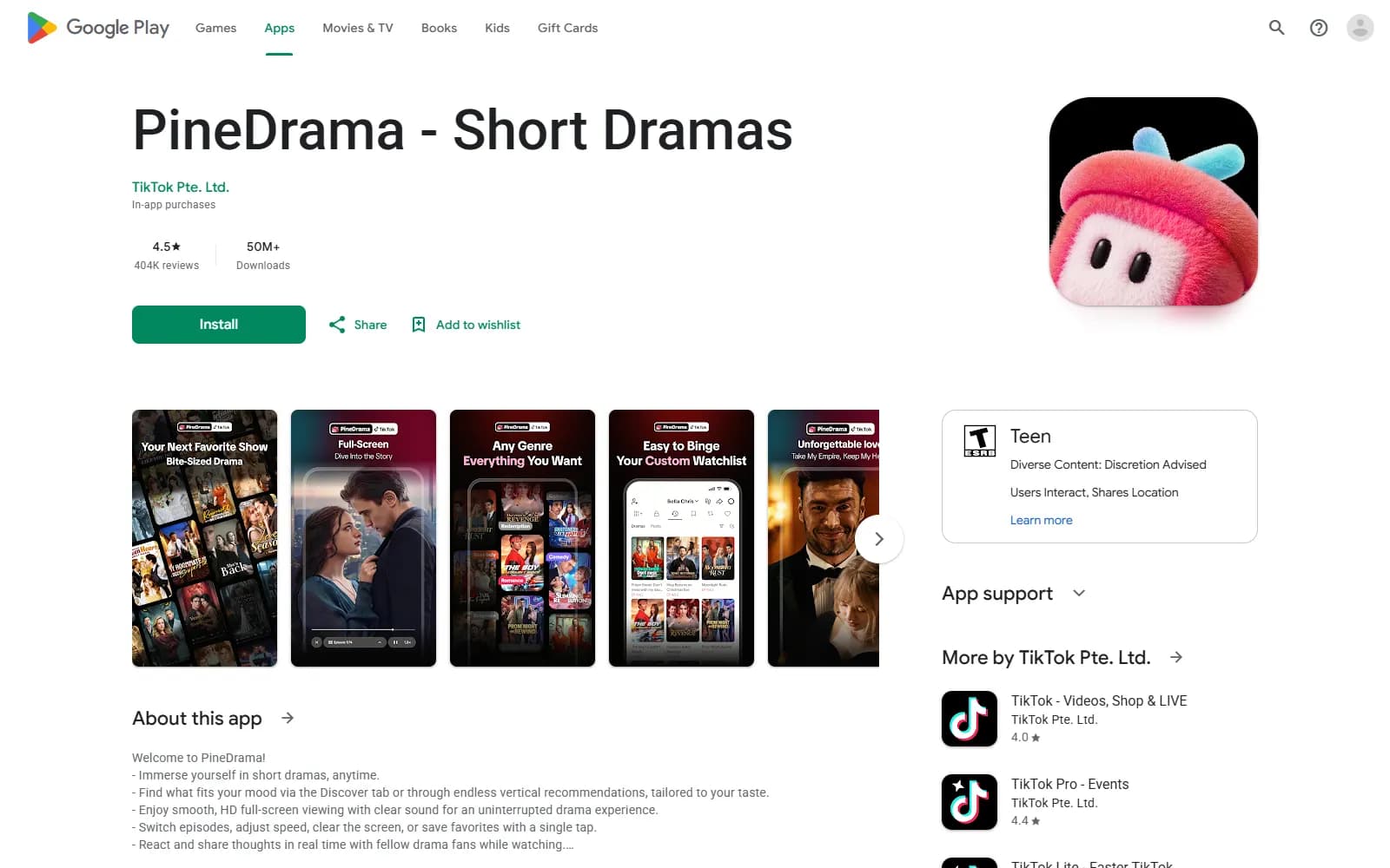 PineDrama on Google Play: TikTok Pte. Ltd., In-app purchases, 4.5 from 404K reviews, 50M+ downloads, rated Teen (play.google.com) — screenshot from October 2026