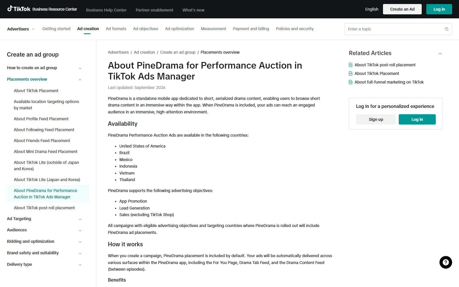 TikTok Ads Manager help page on PineDrama: placement included by default, ads between episodes, available in six countries (ads.tiktok.com) — screenshot from October 2026