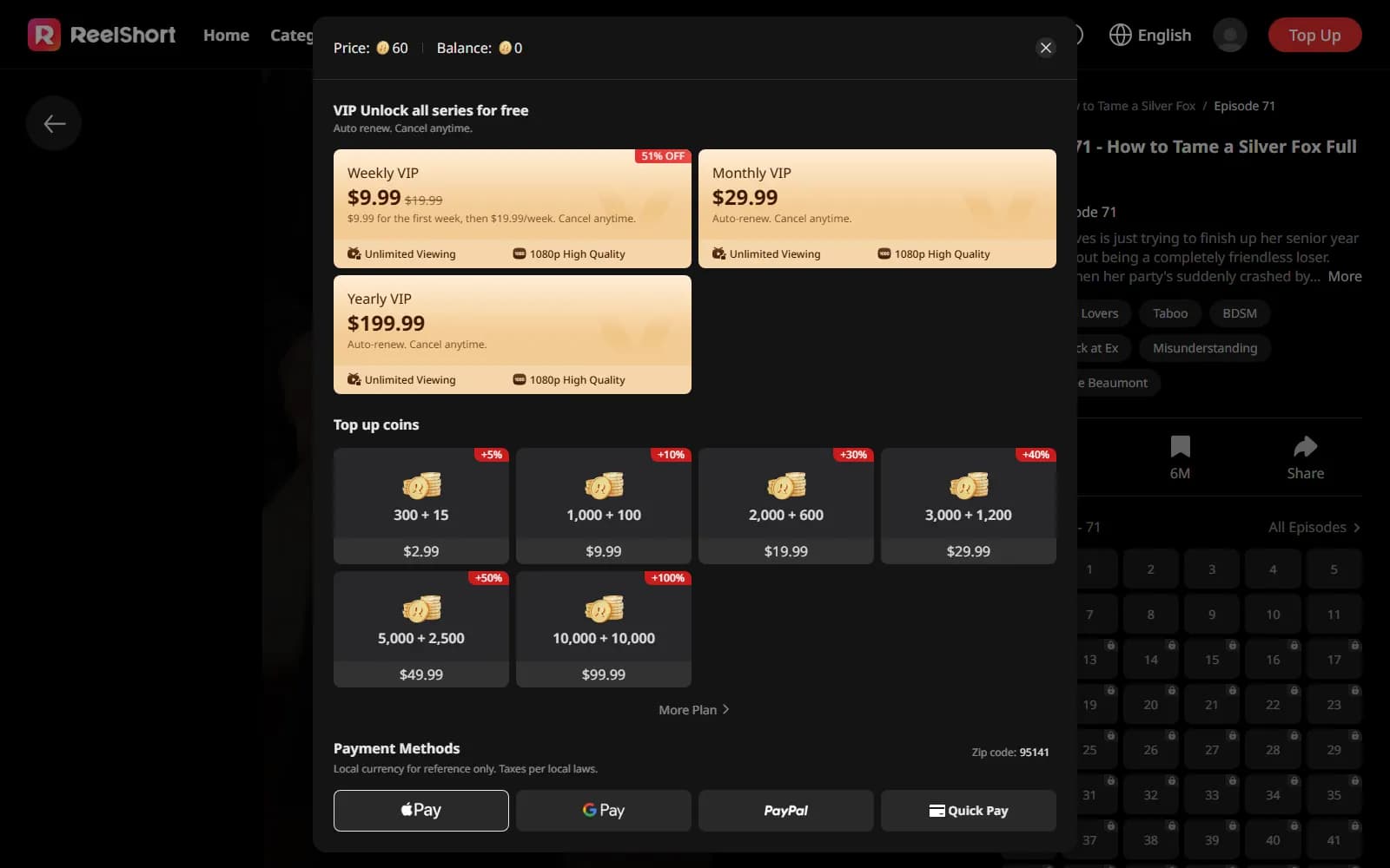 ReelShort web paywall on a locked episode: weekly VIP $9.99 then $19.99, monthly $29.99, yearly $199.99, coin packs from $2.99, and 60 coins per episode (reelshort.com) — screenshot from October 2026