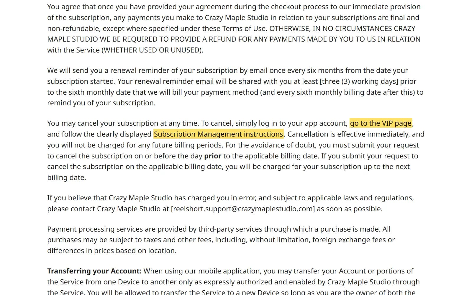 ReelShort's terms of use, highlighted: to cancel, log in to your app account, "go to the VIP page" and follow the "Subscription Management instructions" (crazymaplestudios.com) — screenshot from October 2026