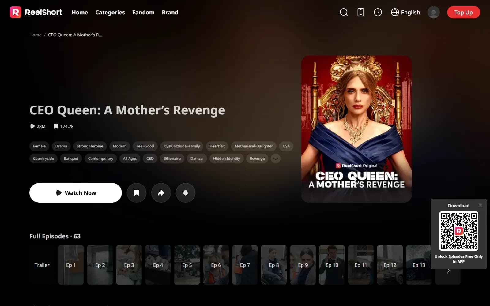 CEO Queen: A Mother's Revenge official page on ReelShort (reelshort.com) — screenshot from September 2026