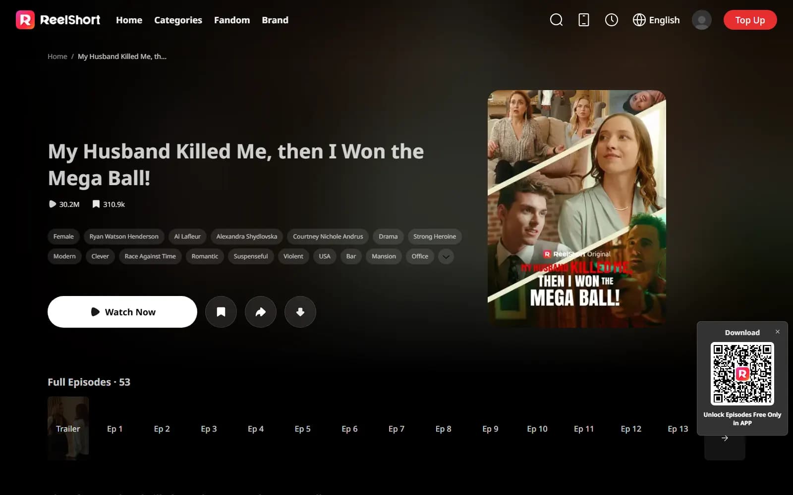 My Husband Killed Me, then I Won the Mega Ball! official page on ReelShort (reelshort.com) — screenshot from September 2026