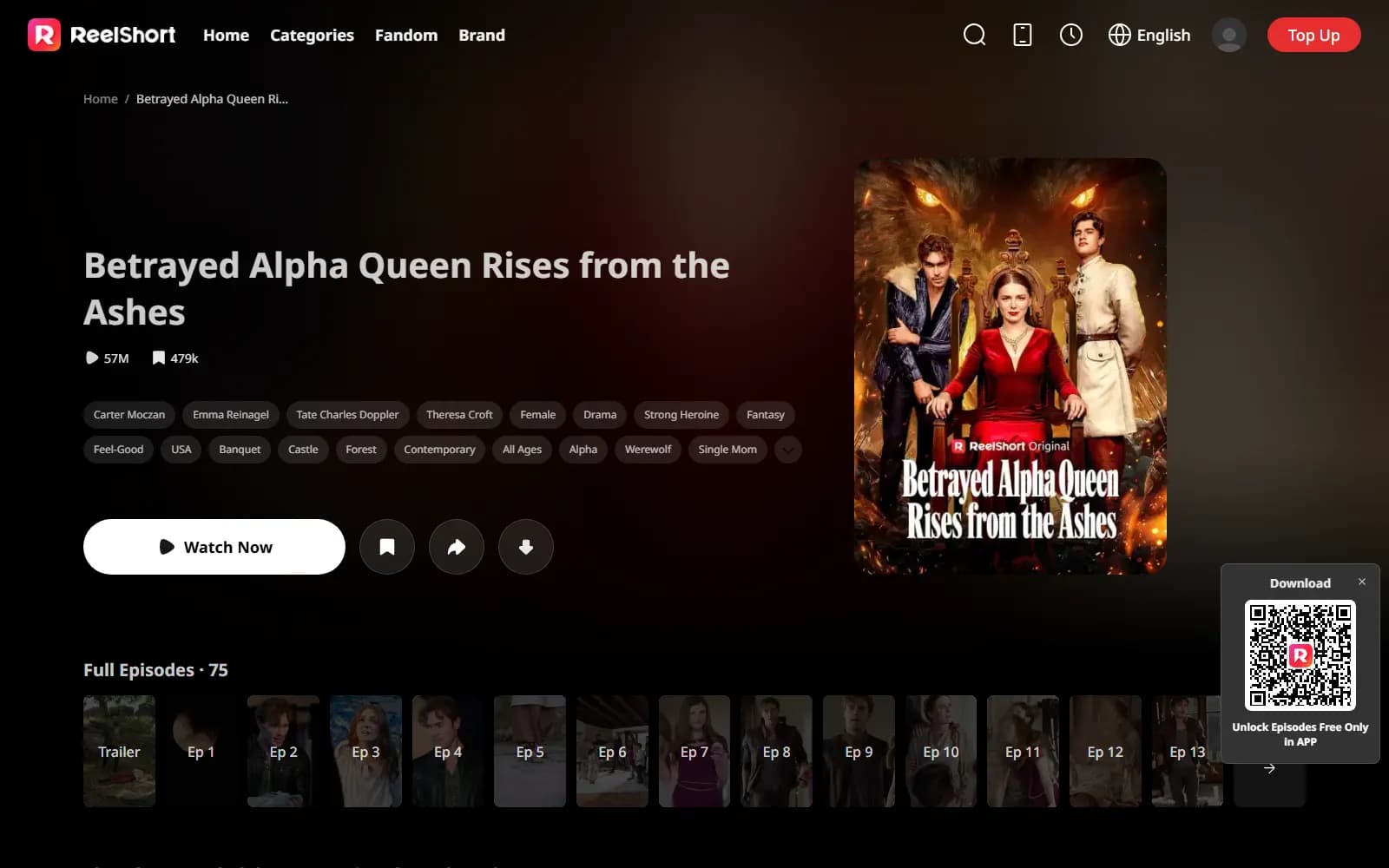Betrayed Alpha Queen Rises from the Ashes official page on ReelShort (reelshort.com) — screenshot from September 2026