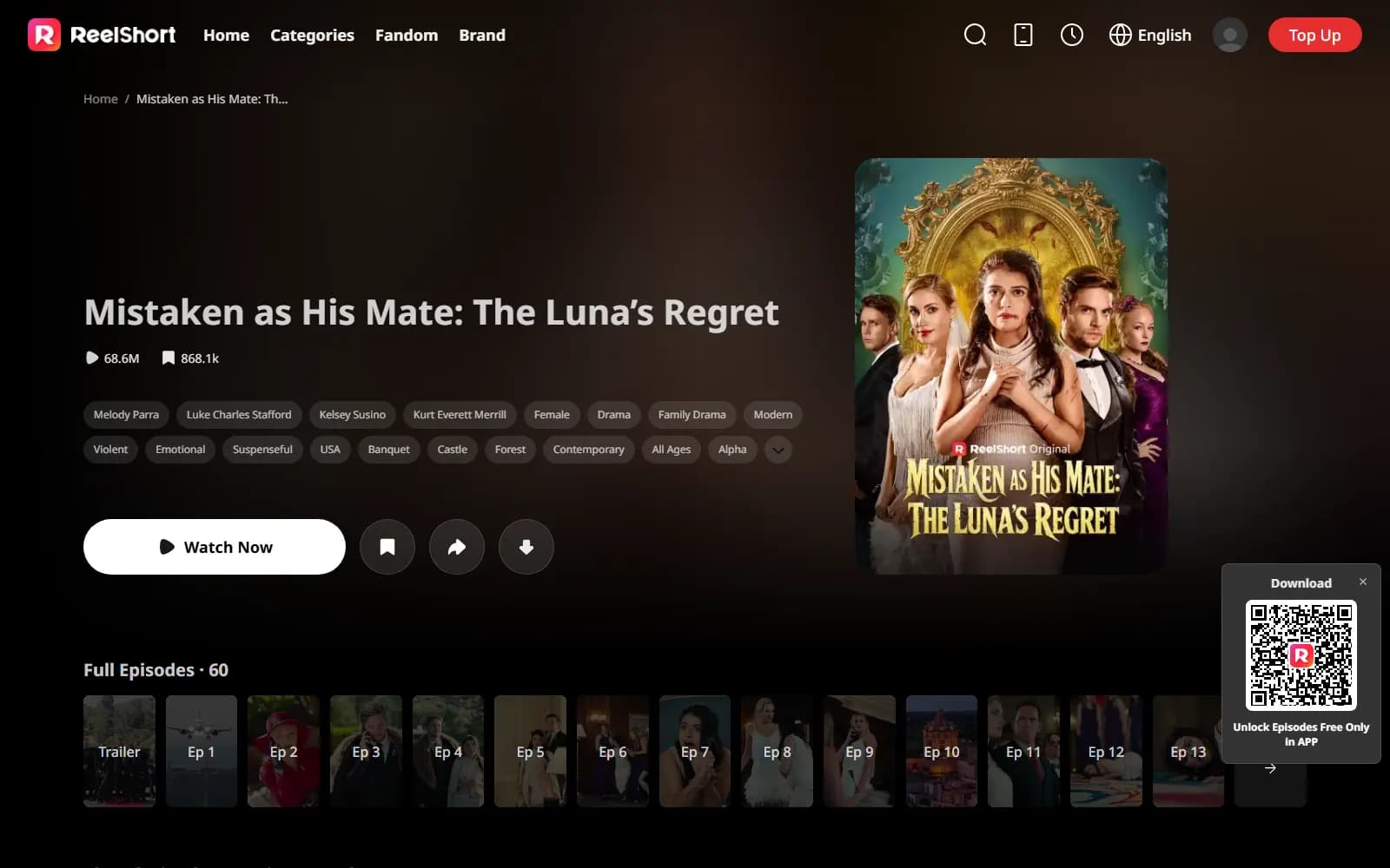 Mistaken as His Mate: The Luna's Regret official page on ReelShort (reelshort.com) — screenshot from September 2026