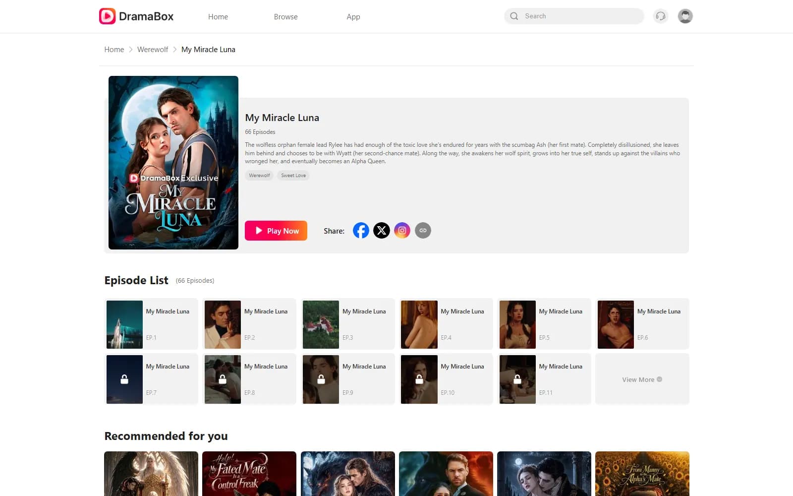 My Miracle Luna official page on DramaBox (dramabox.com) — screenshot from September 2026