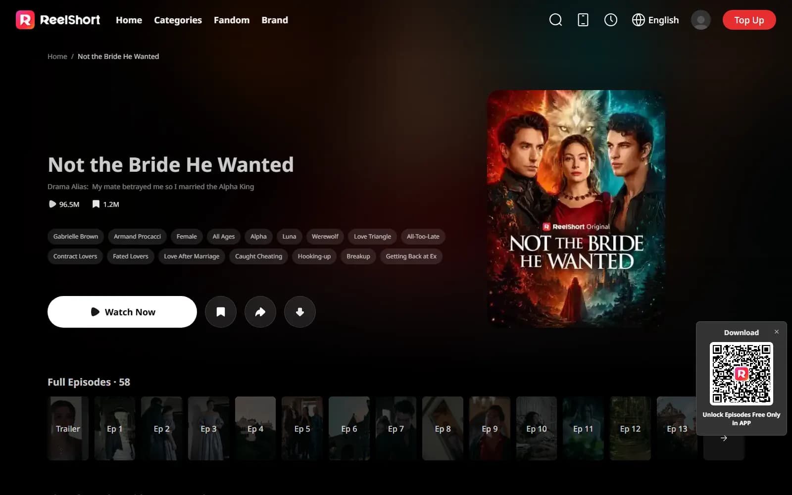 Not the Bride He Wanted official page on ReelShort (reelshort.com), with the ad alias listed right on the page — screenshot from September 2026