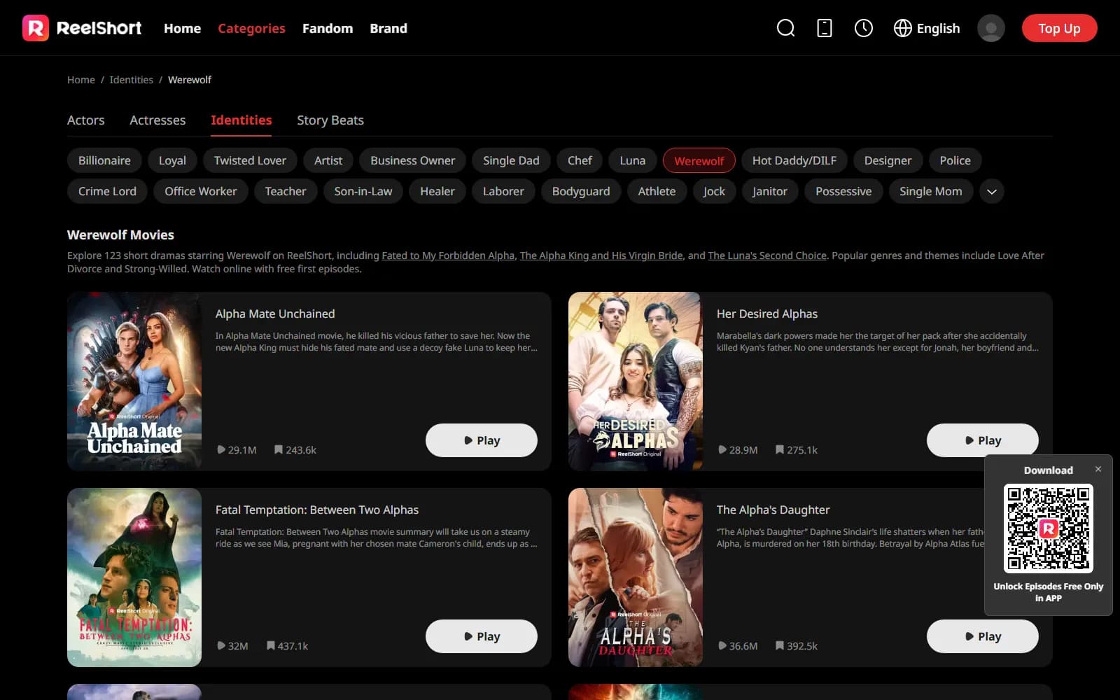 ReelShort's official werewolf tag page (reelshort.com), 123 titles and counting — screenshot from September 2026