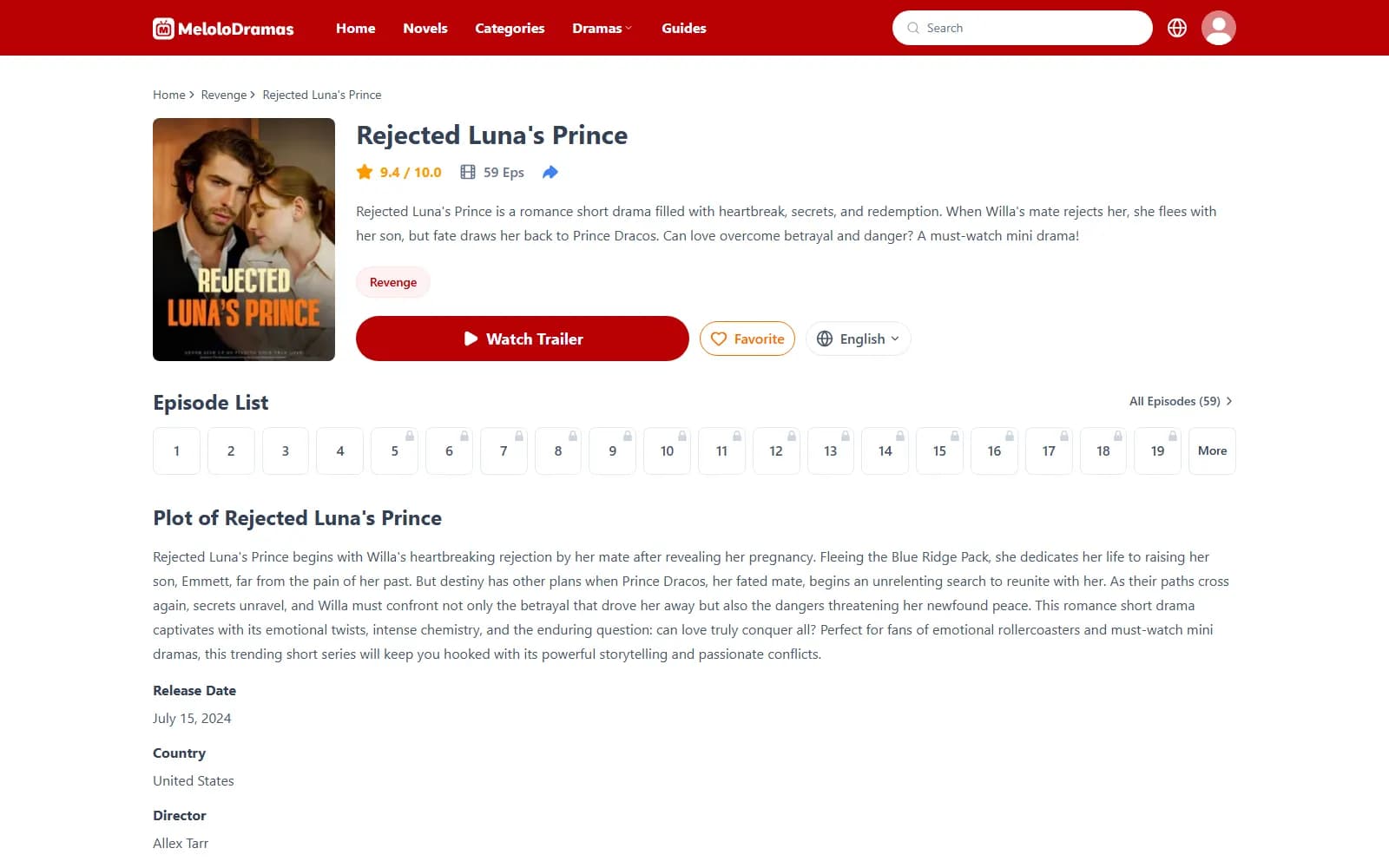 Rejected Luna's Prince official page on Melolo (melolo.com) — screenshot from September 2026