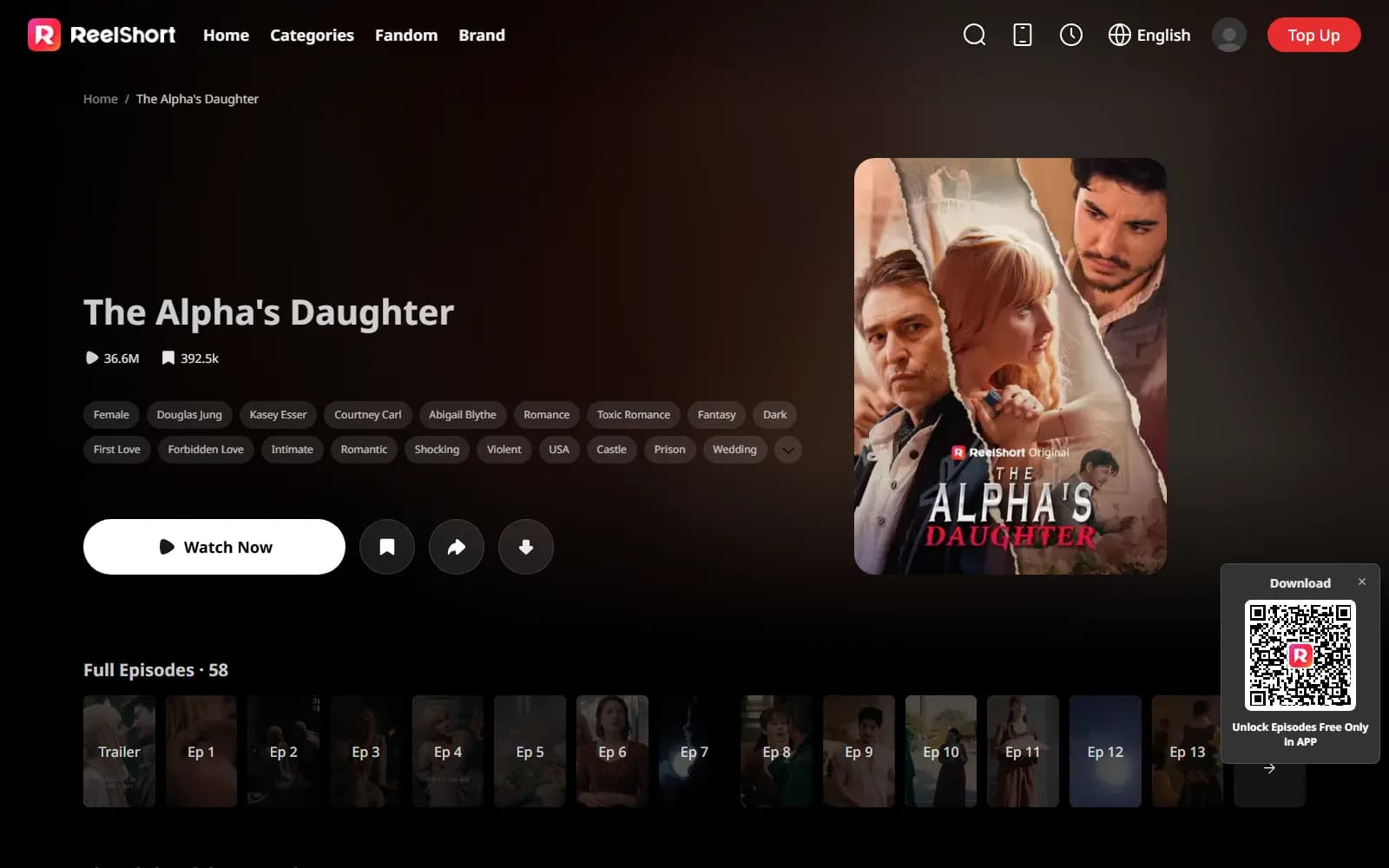 The Alpha's Daughter official page on ReelShort (reelshort.com) — screenshot from September 2026