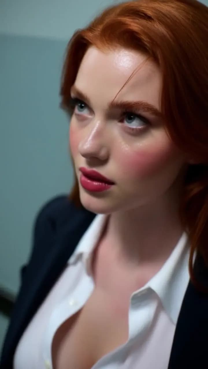 Close-up of the red-haired female lead looking up under cold corridor light