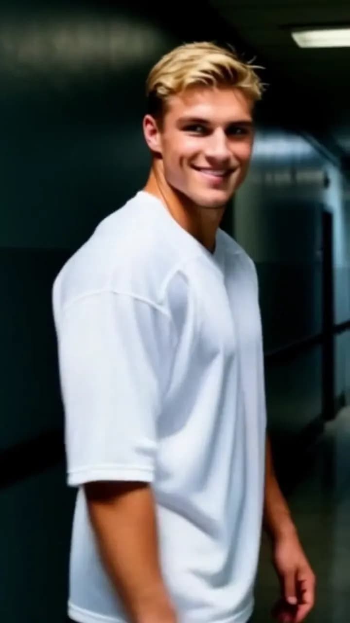 The hockey captain glancing back with a smile as he walks off down the dark corridor