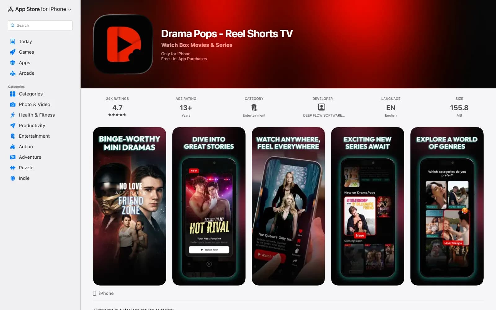 DramaPops on the App Store (apps.apple.com) — rated 13+ with 24K ratings and a 4.7 average, published by Deep Flow Software Services — screenshot from September 2026