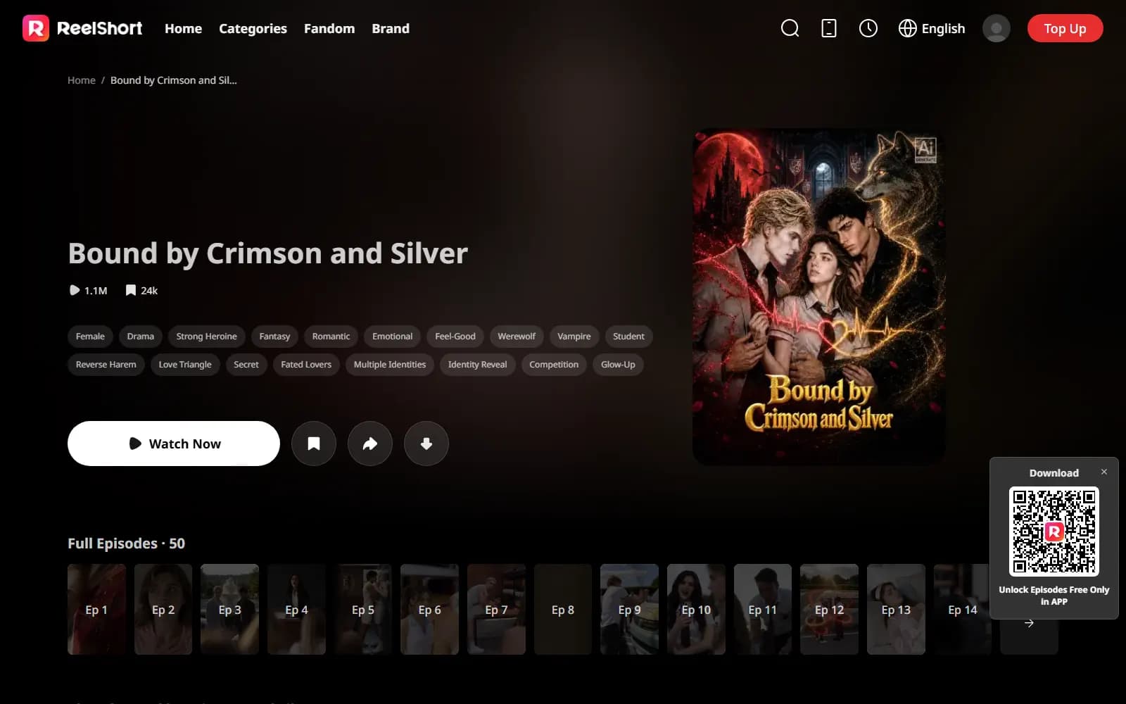 Bound by Crimson and Silver on ReelShort (reelshort.com) — AI badge, 50 episodes, tags including Vampire, Werewolf, Reverse Harem, and Fated Lovers — screenshot from September 2026