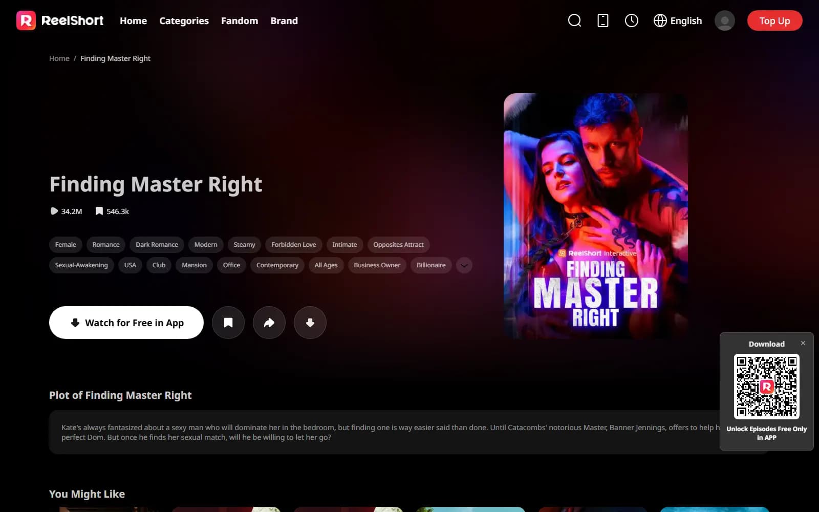 Finding Master Right on ReelShort (reelshort.com) — tagged Dark Romance, Steamy, Forbidden Love, Intimate, and Sexual-Awakening, with a "Watch for Free in App" button and the Interactive badge on the poster — screenshot from September 2026