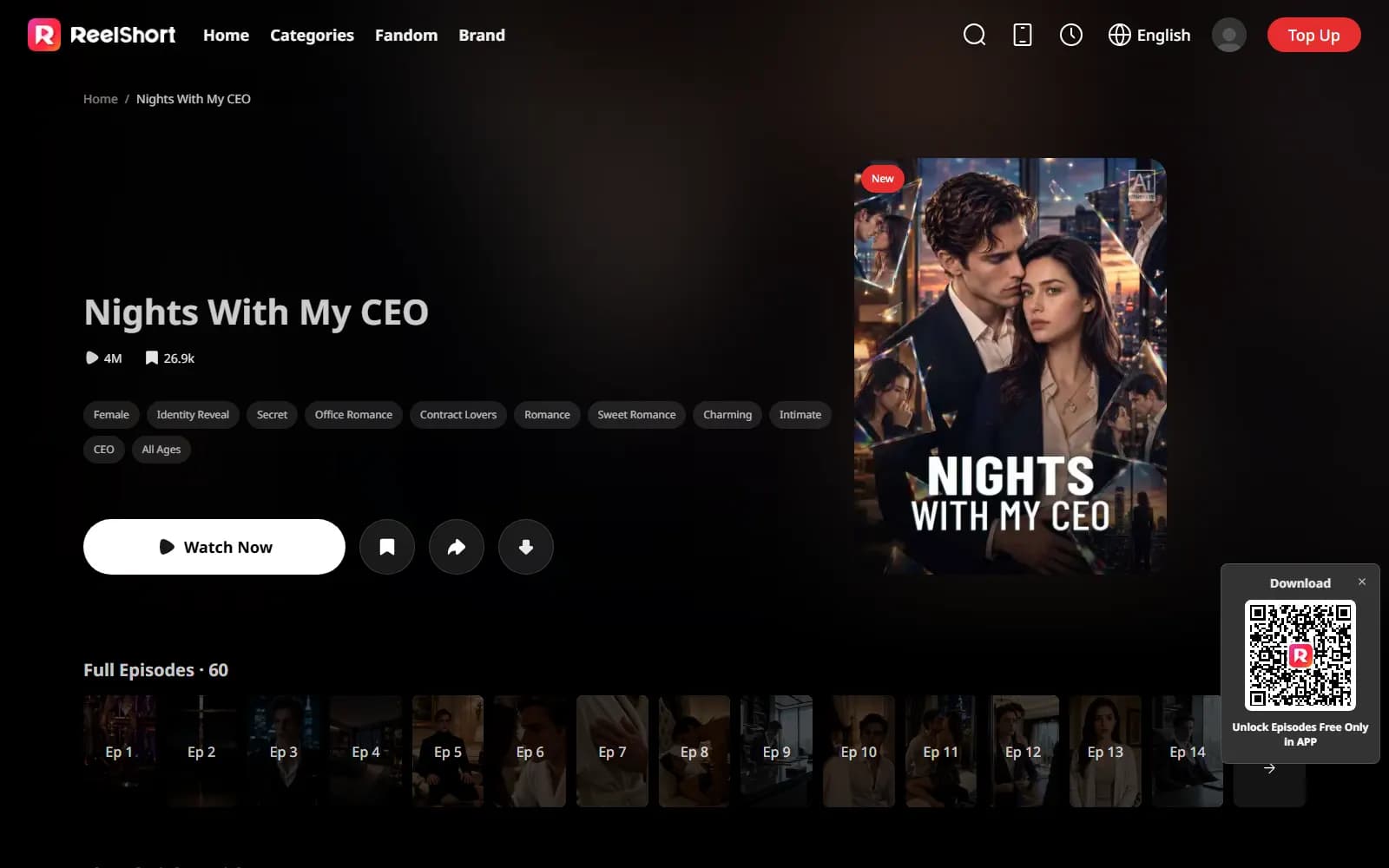 Nights With My CEO on ReelShort (reelshort.com) — AI badge on the poster, 60 episodes with first 7 free, 4M views, tagged Office Romance and Contract Lovers — screenshot from September 2026