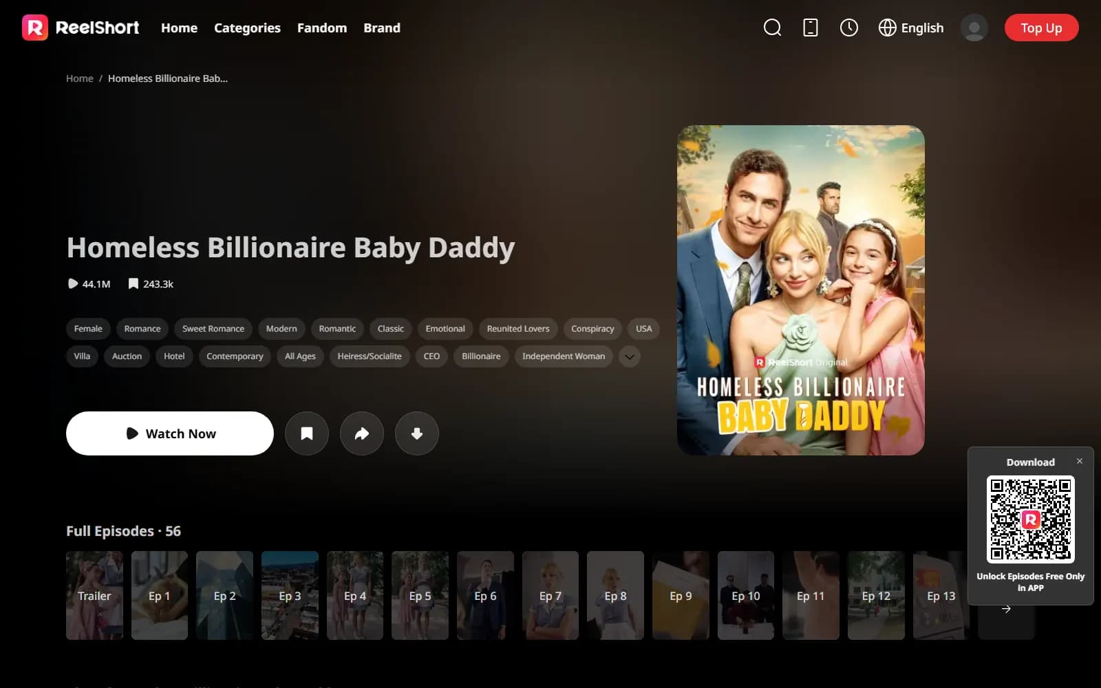 Homeless Billionaire Baby Daddy official page on ReelShort (reelshort.com) — screenshot from September 2026