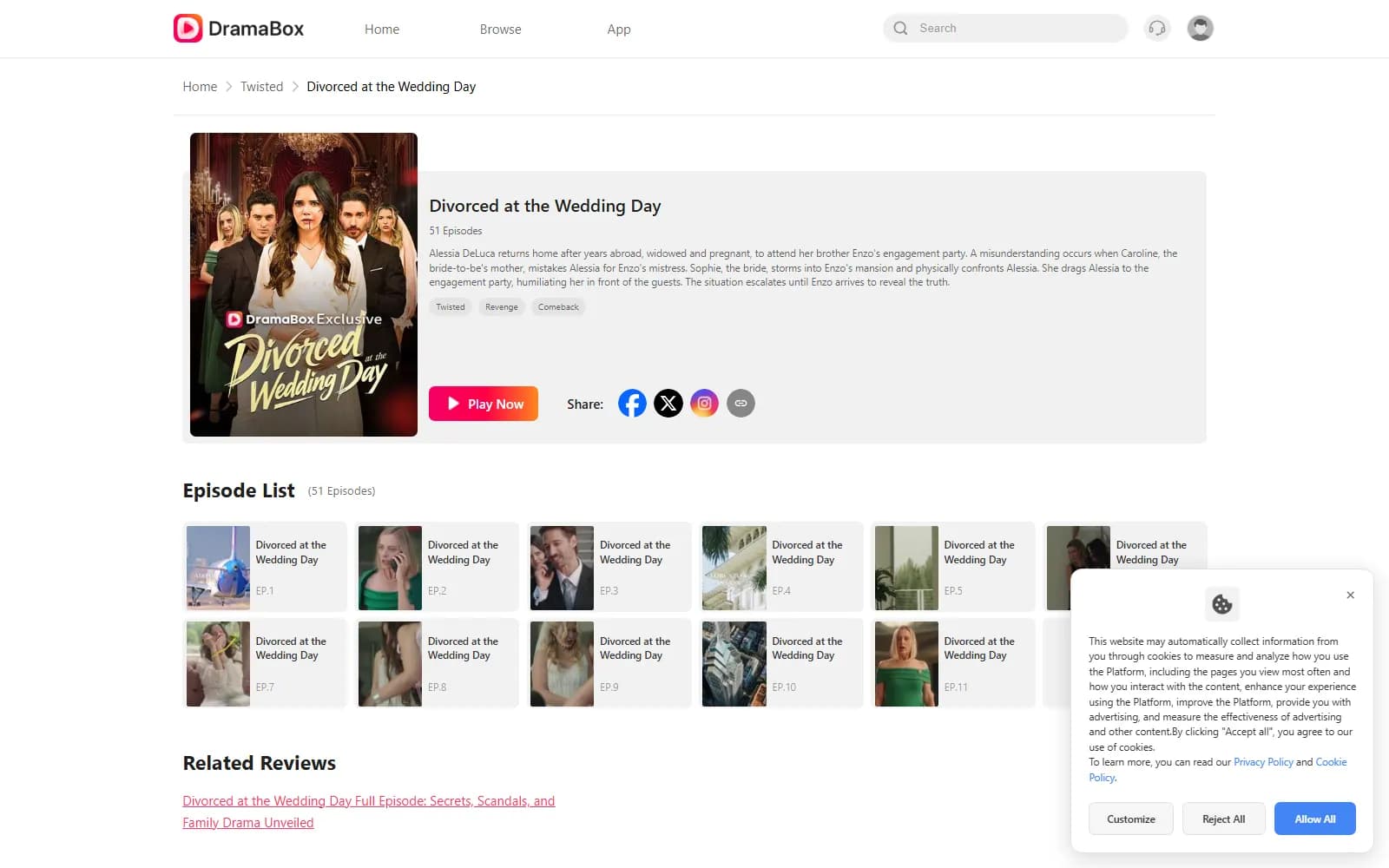 Divorced at the Wedding Day official page on DramaBox (dramabox.com) — screenshot from September 2026