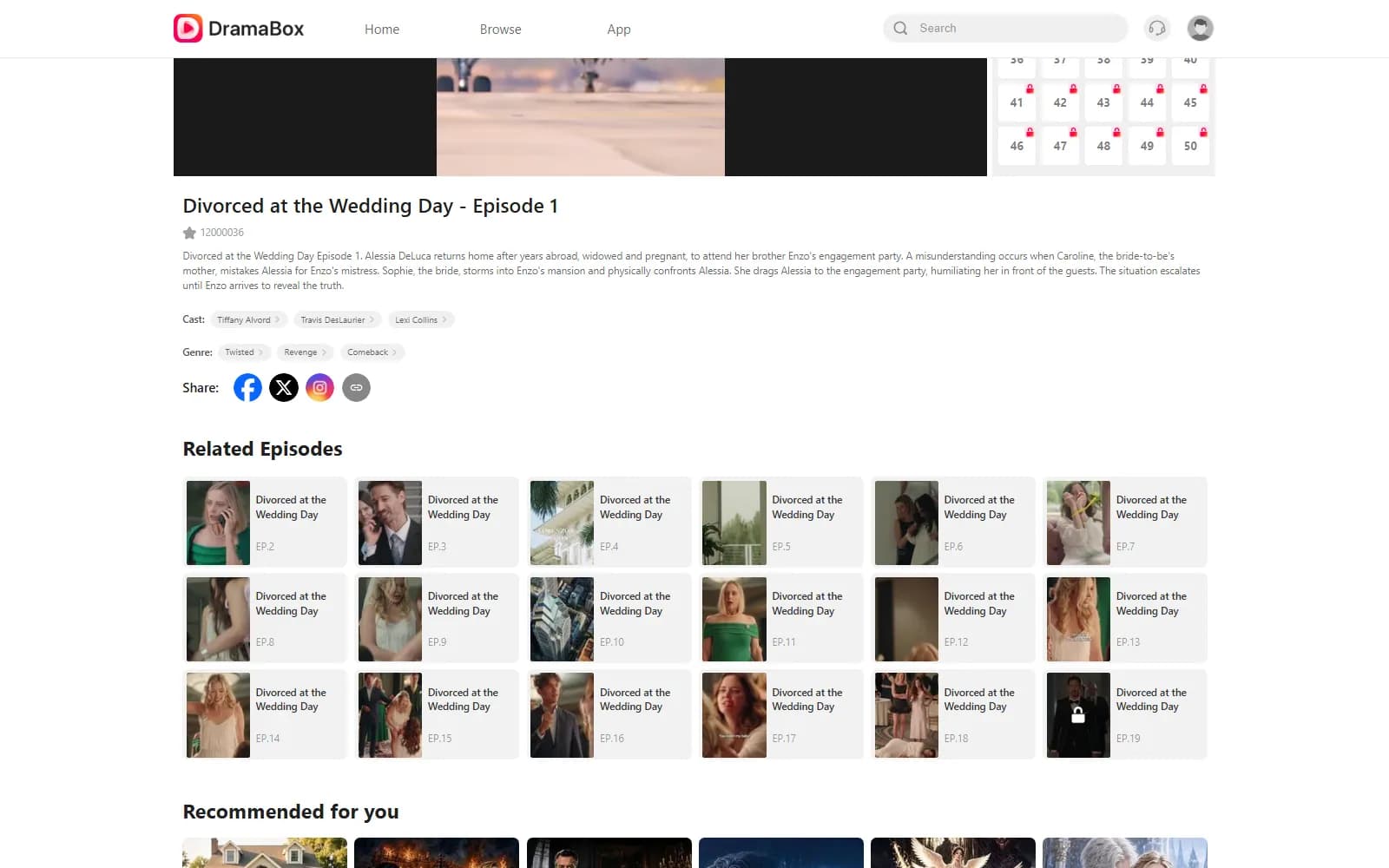 DramaBox episode player for Divorced at the Wedding Day, Episode 1 — episodes 1–18 are unlocked, episode 19 onward shows a lock icon (dramabox.com) — screenshot from September 2026