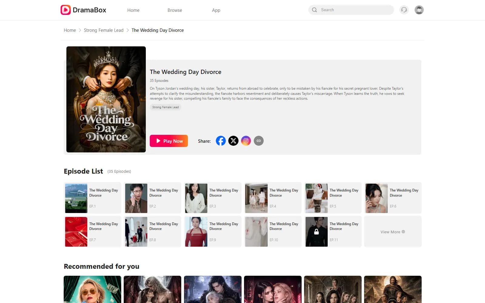 The Wedding Day Divorce (2024), the Chinese-language original on DramaBox — 35 episodes, same premise, different cast (dramabox.com) — screenshot from September 2026