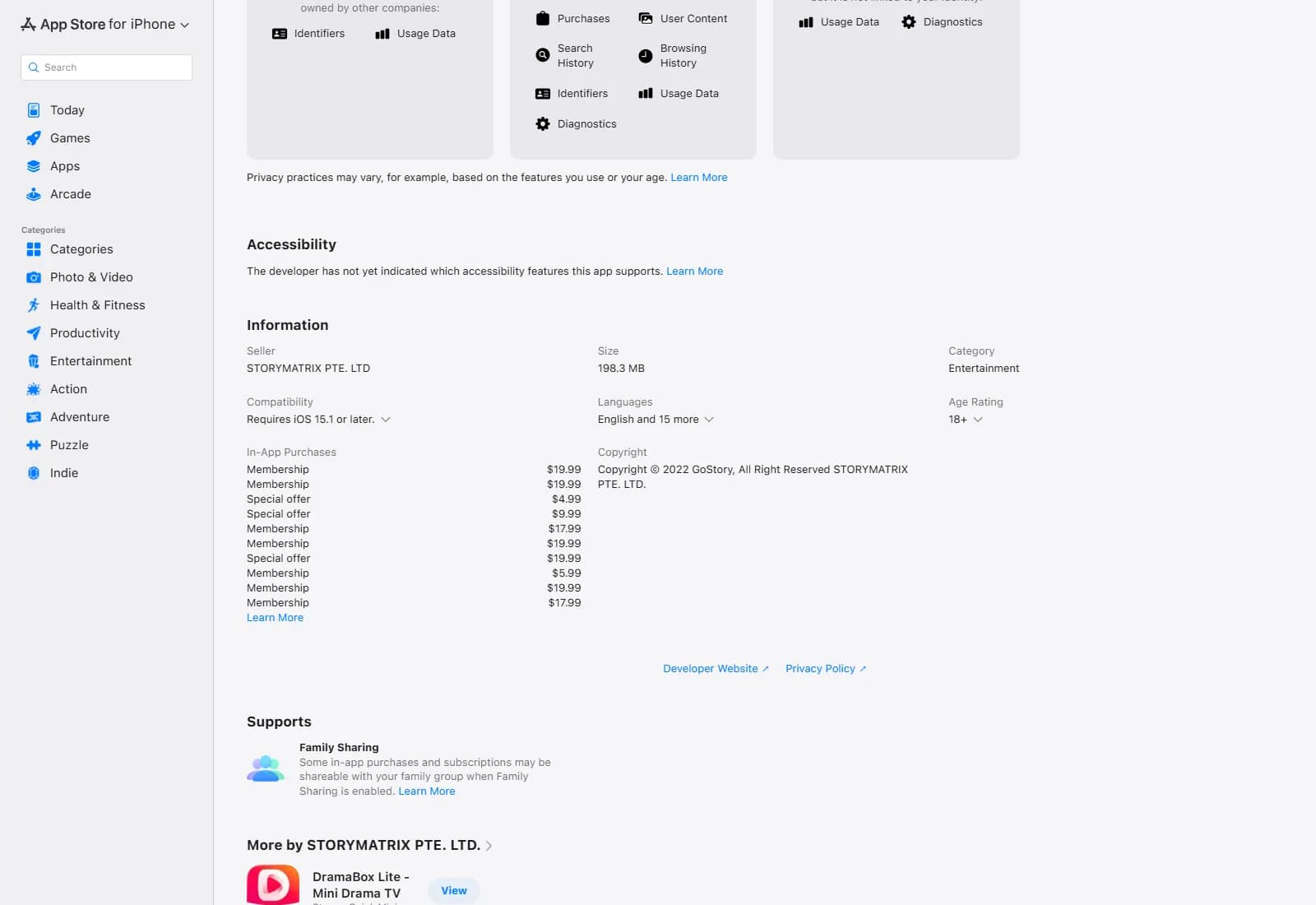 DramaBox in-app purchase list on the App Store — ten items named only Membership or Special offer, no durations (apps.apple.com) — screenshot from September 2026
