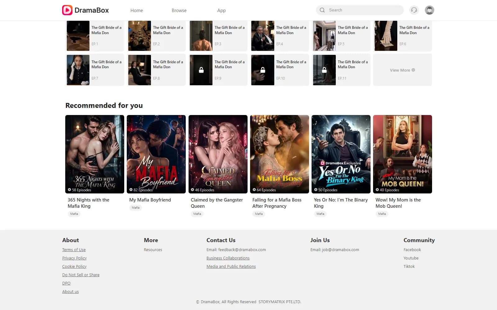 DramaBox web player episode list showing the first locked episode (dramabox.com) — screenshot from September 2026