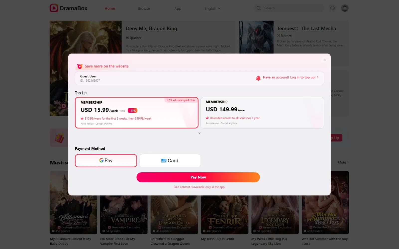 DramaBox web top-up window for a guest — Membership at $19.99/week or $149.99/year (dramabox.com) — screenshot from September 2026