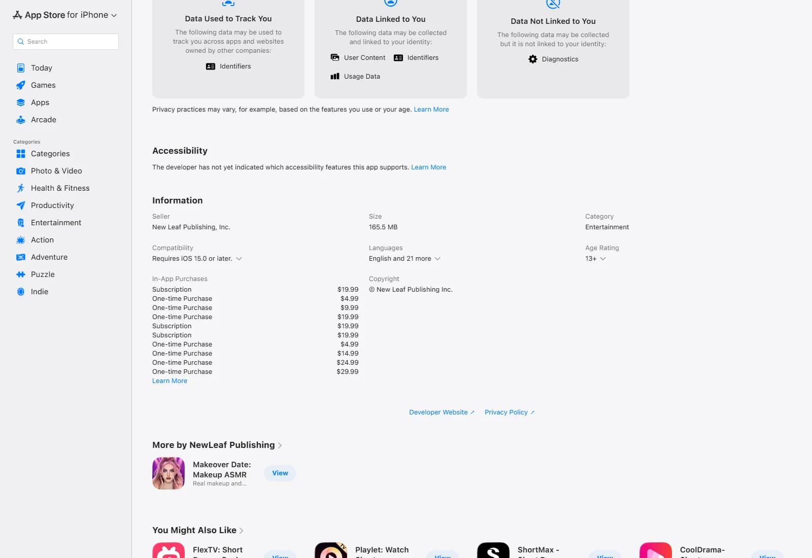 ReelShort in-app purchase list on the App Store — ten items labeled only Subscription or One-time Purchase, no durations (apps.apple.com) — screenshot from September 2026