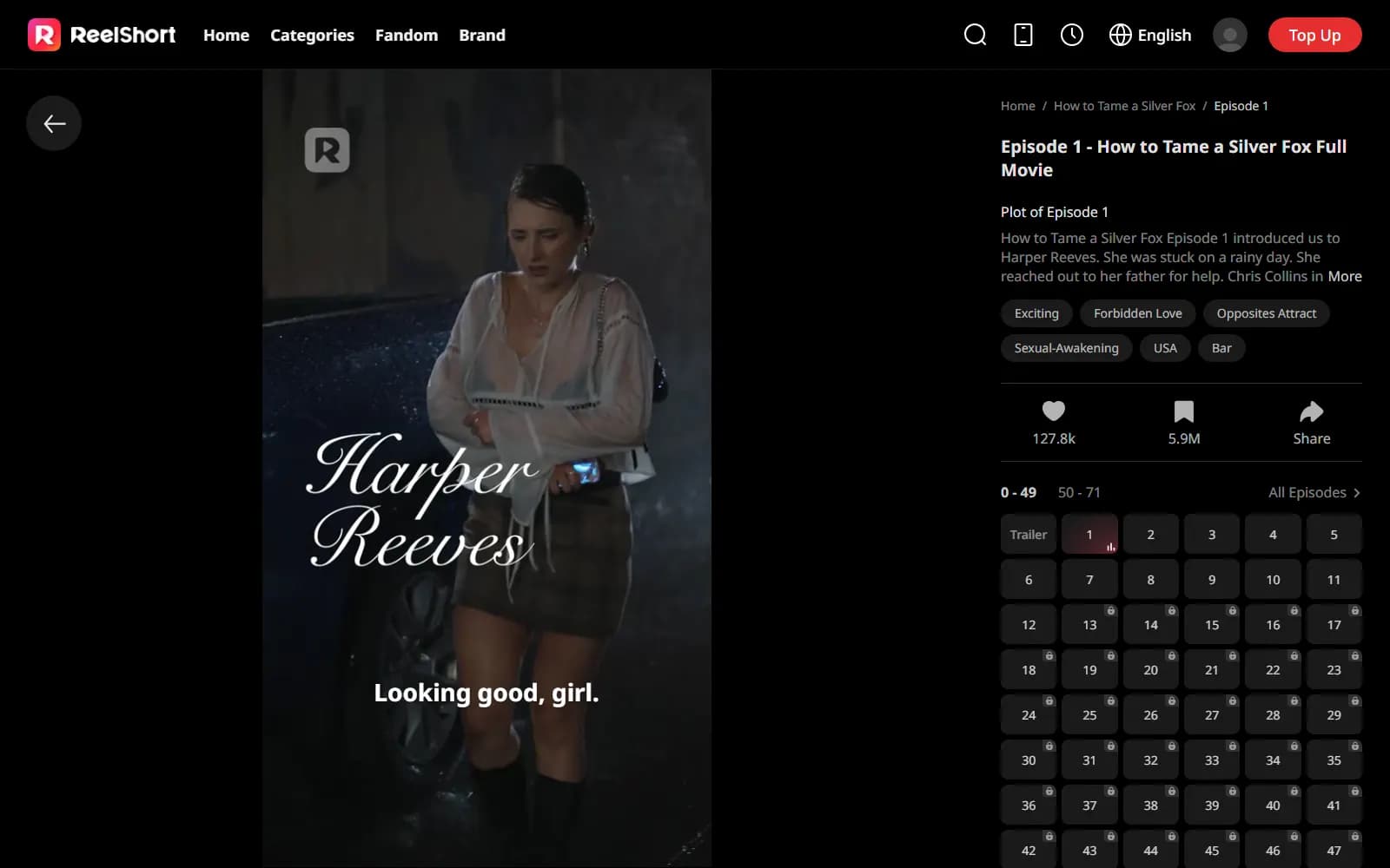 ReelShort web player for How to Tame a Silver Fox — episodes 1 through 12 unlocked and locks from episode 13 on, visible without an account (reelshort.com) — screenshot from September 2026